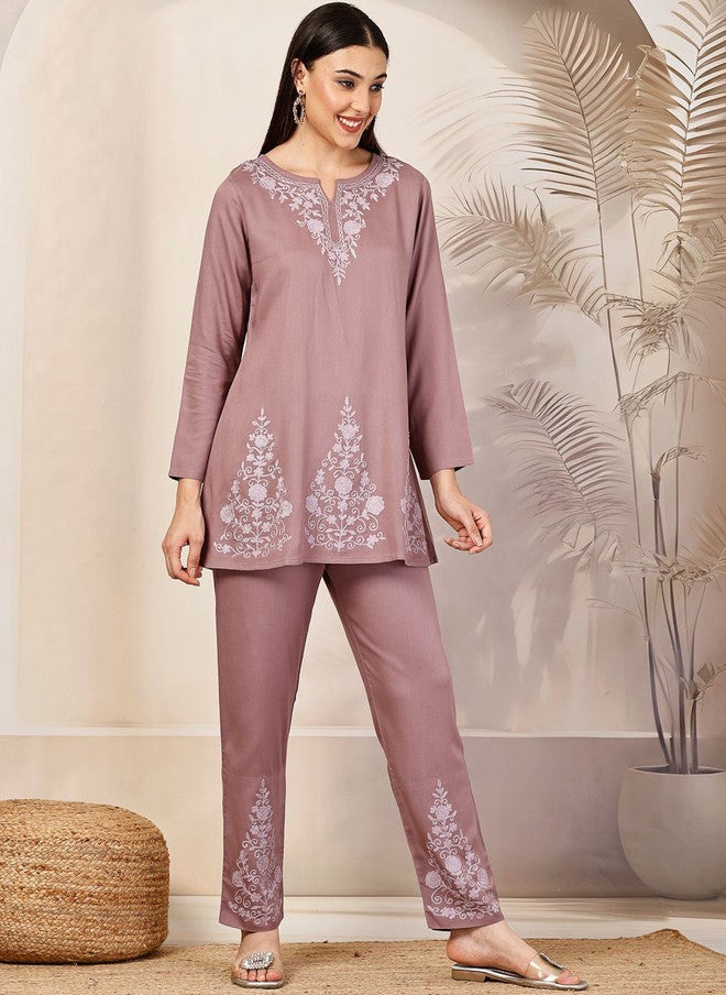 Qazmi Gulnaz Aari Work Viscose Rayon Full Sleeves A-Line CoOrd Set - Image 1